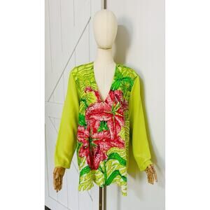 Vintage Diane Gilman Women Size L Silk Floral Sequin Button Up Shirt Top Blouse